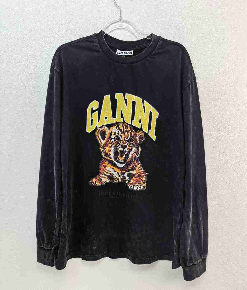 GANNI Vintage Wash Black Baby Tiger Long Sleeve Crewneck Tee